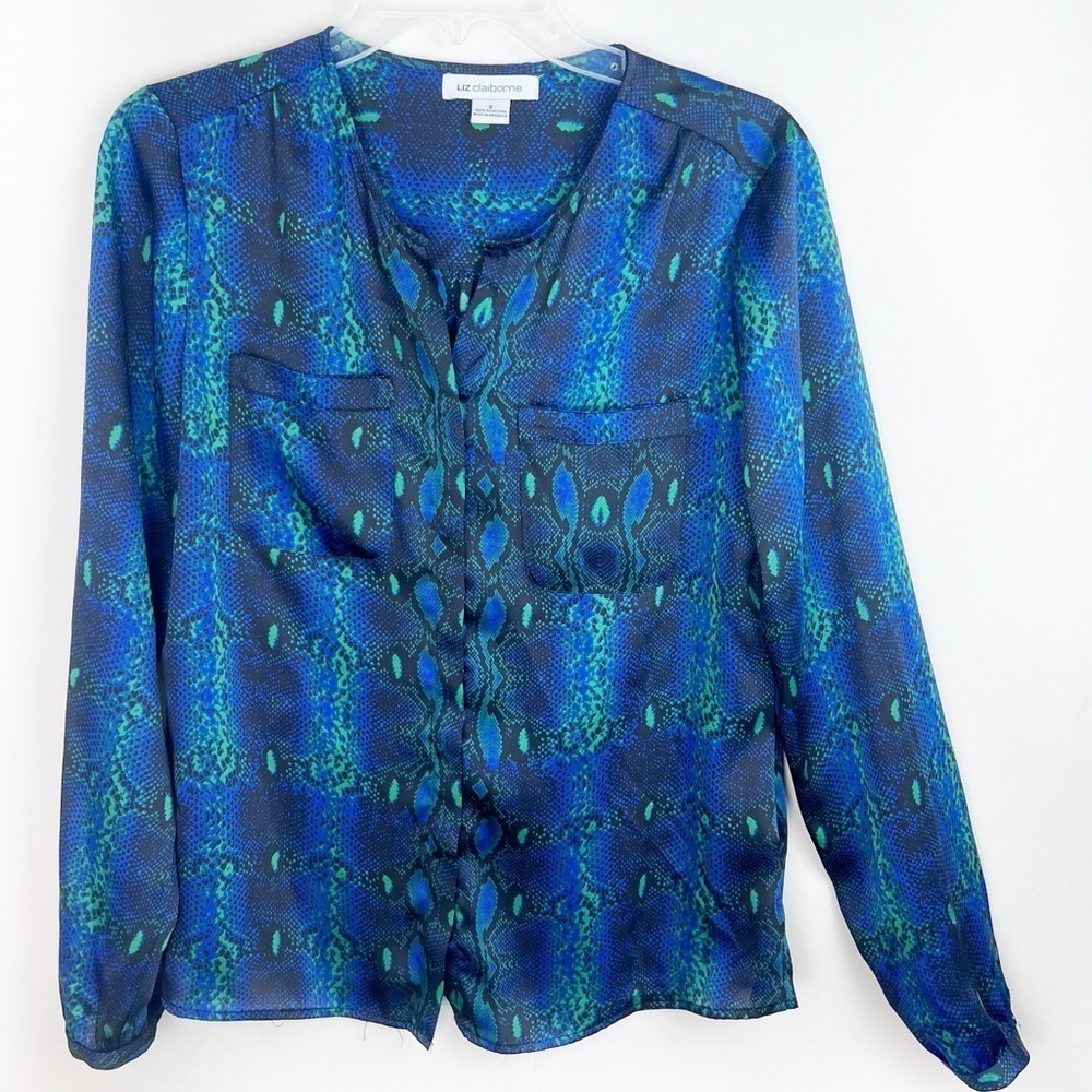 Liz Claiborne Silky Soft Snake Print Dress Button Up Top Small Career Office